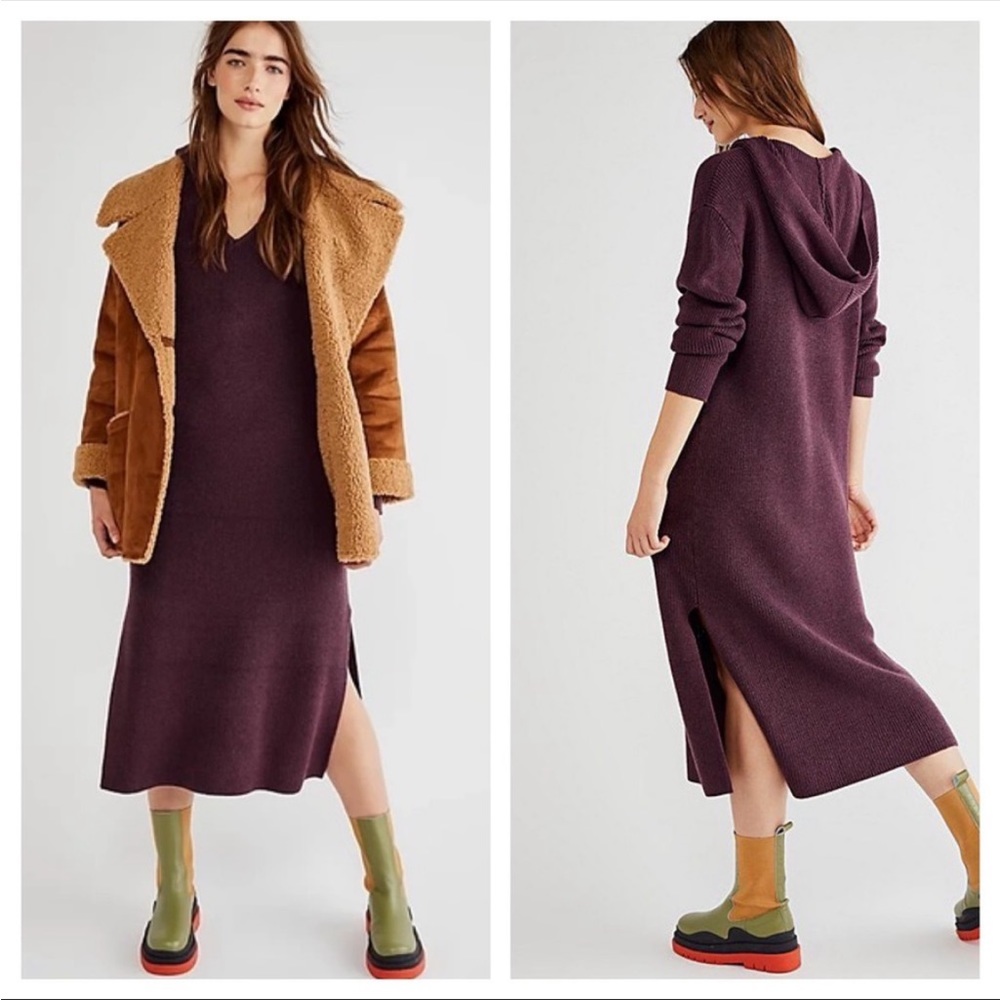 Free People Beach Claudia Midi Sweater Dress Plum Chunky Hooded S